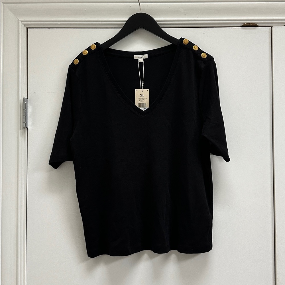 Black V-Neck Top with Gold Button Accents